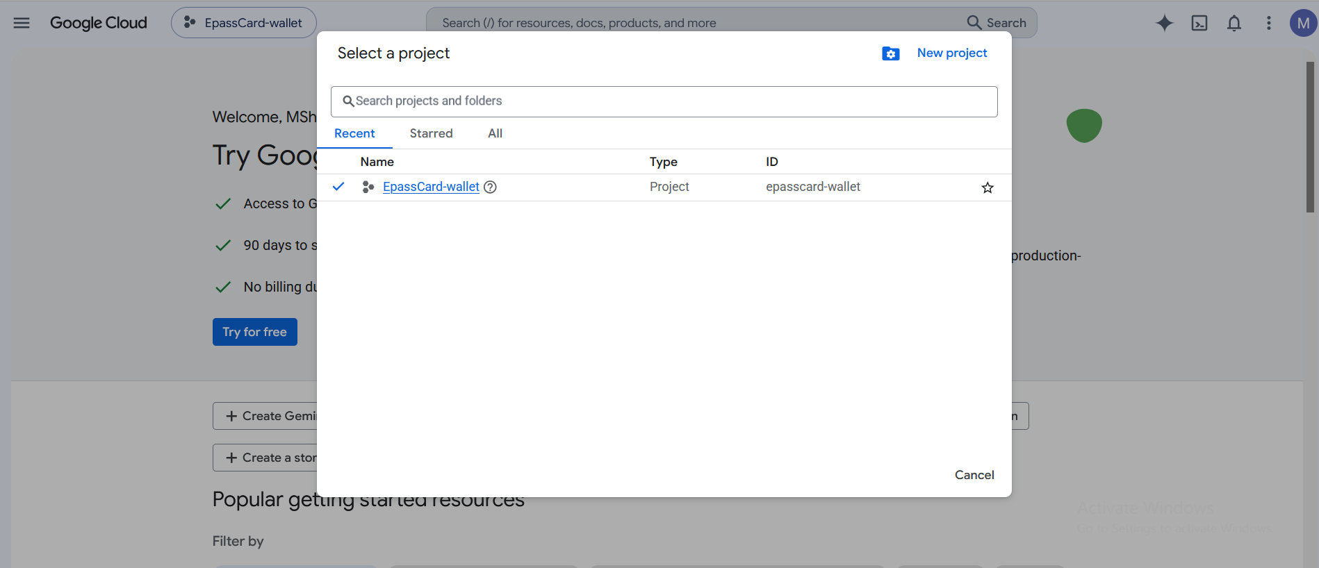 Select or create a Google Cloud project