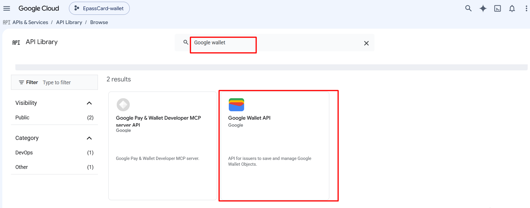 Search and select Google Wallet API