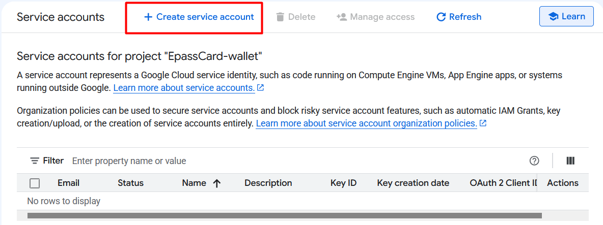 Create service account