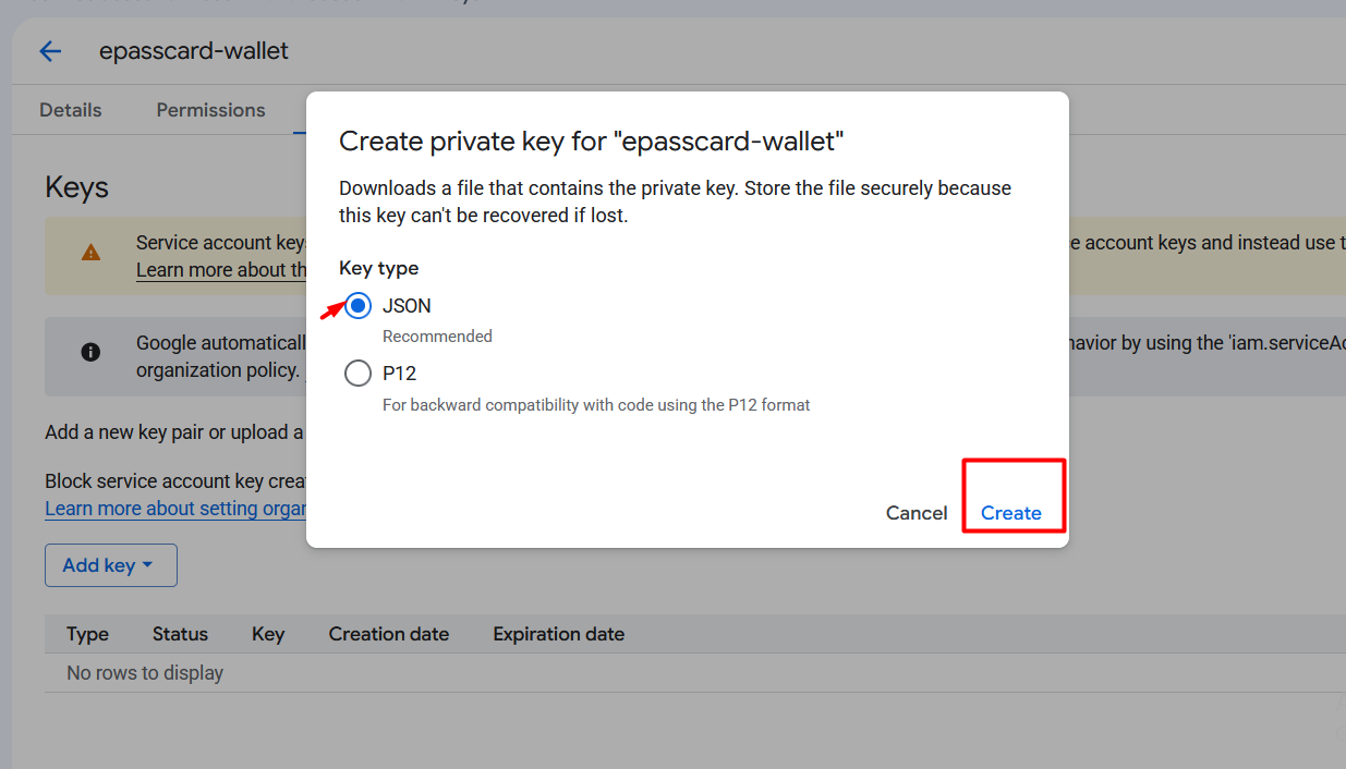 Download JSON key — select JSON and click Create