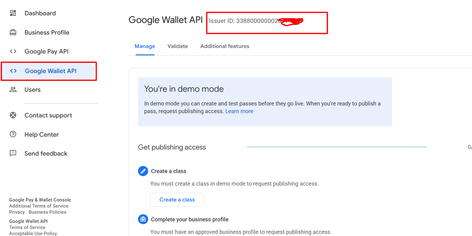 Google Pay and Wallet Console showing the demo mode banner and 3-step publishing access checklist with Issuer ID