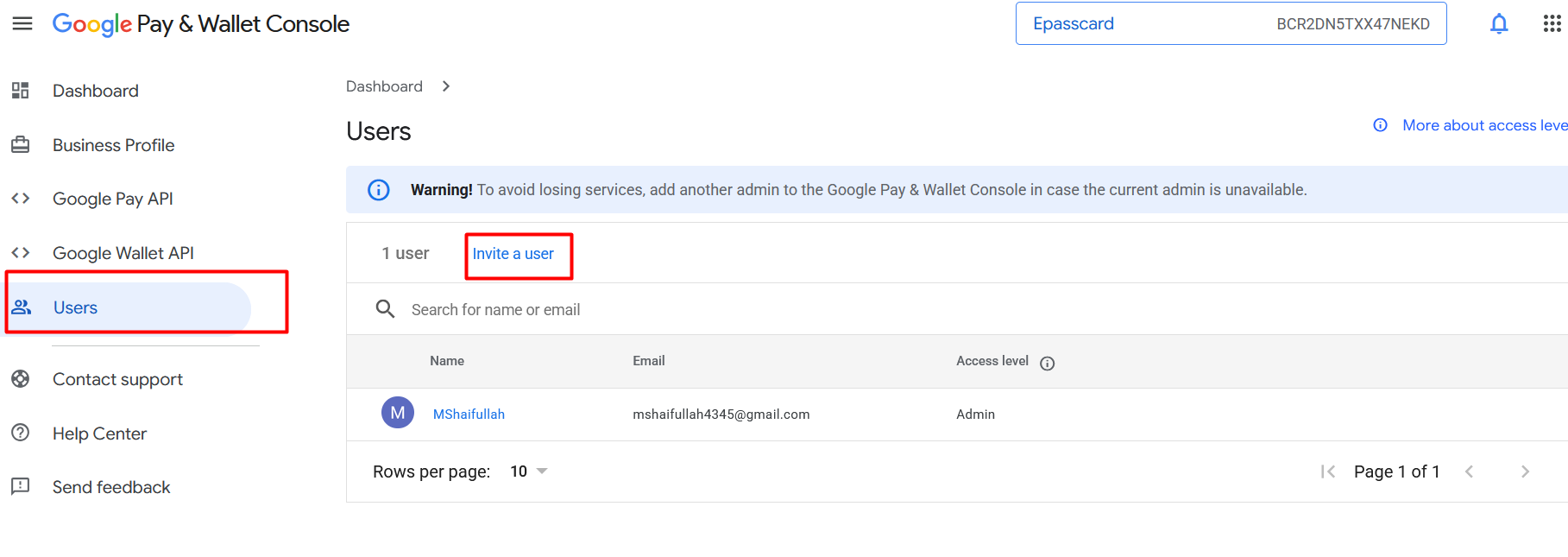 Users page — click Invite a user