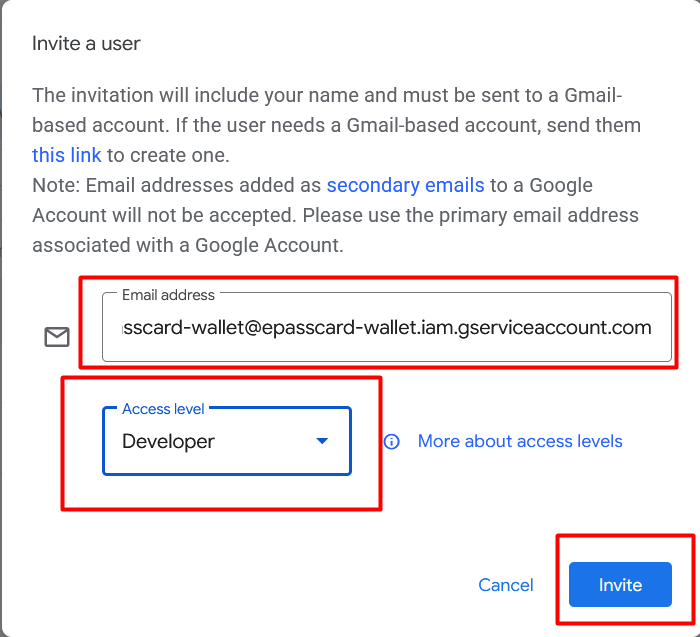 Invite service account as Developer