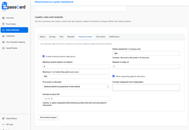 EpassCard WooCommerce loyalty program settings showing checkout points redemption, reward limits, refunds, and product exclusions.