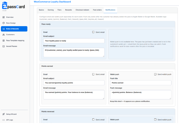 EpassCard WooCommerce loyalty notifications settings for email and wallet push alerts, including points earned and points reversed.