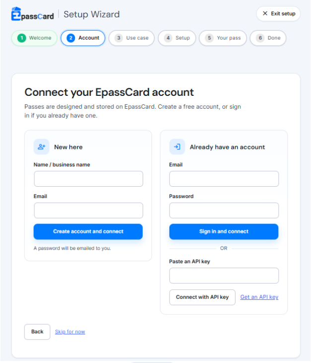 EpassCard setup wizard account connection screen for creating an account, signing in, or connecting with an API key