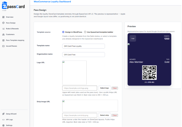 EpassCard WooCommerce loyalty dashboard showing pass design settings, gift card loyalty template, QR code, and wallet pass preview