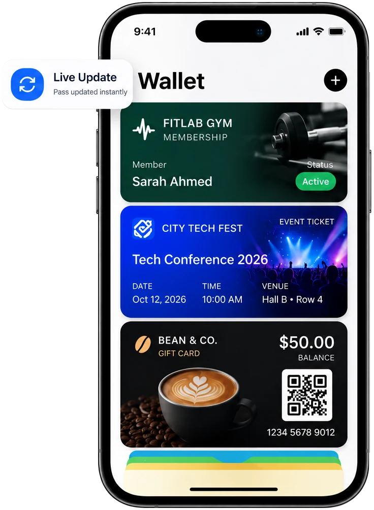 Apple Wallet with an EpassCard gym membership, event ticket and gift card, updated live